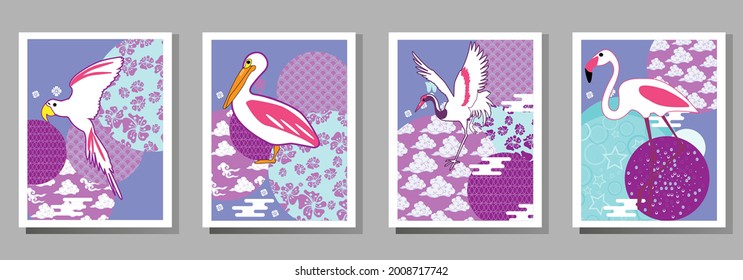 Сover  ewith pelican, parrot, flamingo and Patterns in a modern style, geometric shapes. Applicable for posters, brochures, posters, covers and banners.