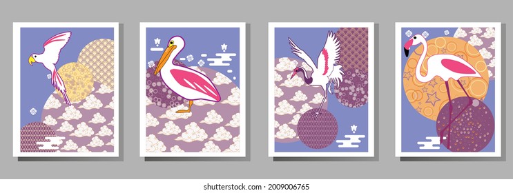 Сover  ewith pelican, parrot, flamingo and Patterns in a modern style, geometric shapes. Applicable for posters, brochures, posters, covers and banners.