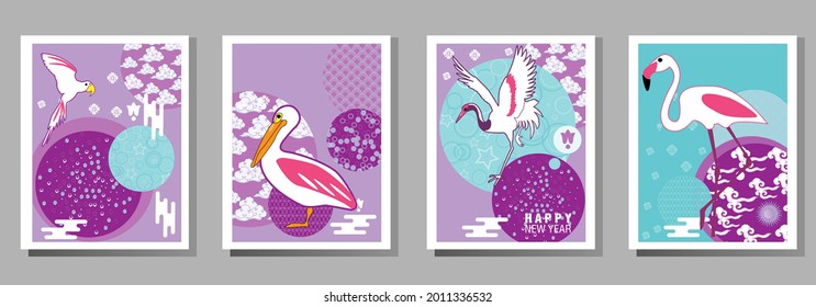 Сover  ewith pelican, parrot, flamingo and Patterns in a modern style, geometric shapes. Applicable for posters, brochures, posters, covers and banners.