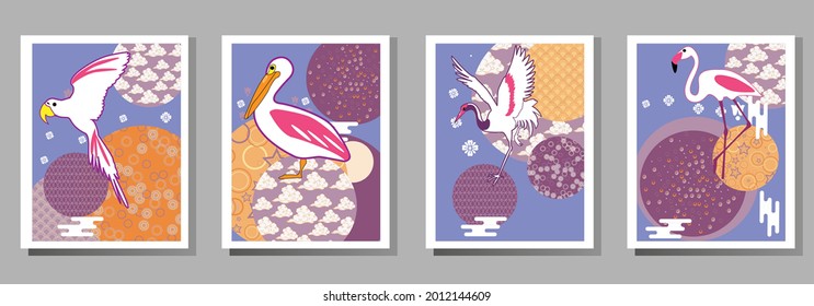 Сover  ewith pelican, parrot, flamingo and Patterns in a modern style, geometric shapes. Applicable for posters, brochures, posters, covers and banners.