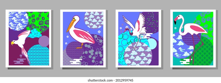 С mit Pelikan, Papagei, Flamingo und Mustern in einem modernen Stil, geometrischen Formen. Anwendbar für Poster, Broschüren, Poster, Cover und Banner.