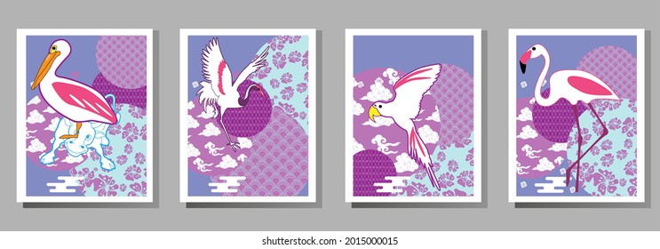 Сover  ewith pelican, parrot, flamingo and Patterns in a modern style, geometric shapes. Applicable for posters, brochures, posters, covers and banners.