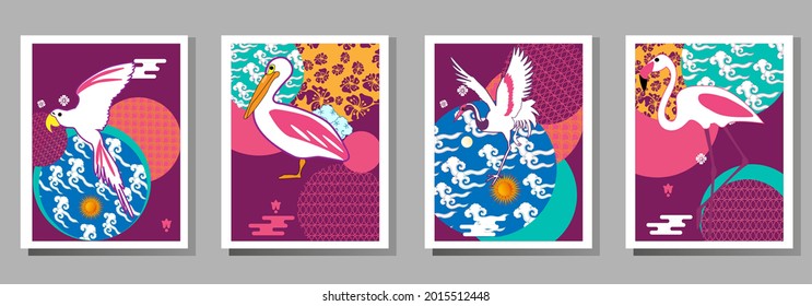 Сover  ewith pelican, parrot, flamingo and Patterns in a modern style, geometric shapes. Applicable for posters, brochures, posters, covers and banners.