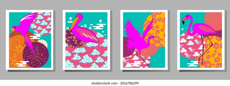 Сover  ewith pelican, parrot, flamingo and Patterns in a modern style, geometric shapes. Applicable for posters, brochures, posters, covers and banners.