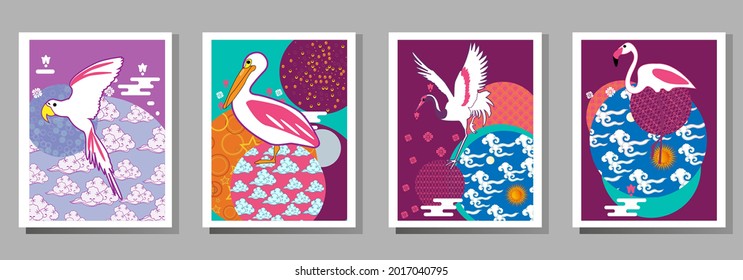 С con pelícano, loro, flamingo y patrones en un estilo moderno, geométrico. Aplicable a carteles, folletos, carteles, portadas y pancartas.