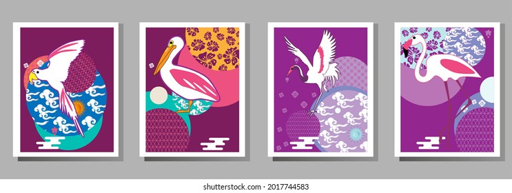 Сover  ewith pelican, parrot, flamingo and Patterns in a modern style, geometric shapes. Applicable for posters, brochures, posters, covers and banners.