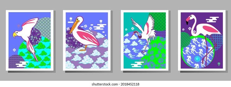 С mit Pelikan, Papagei, Flamingo und Mustern in einem modernen Stil, geometrischen Formen. Anwendbar für Poster, Broschüren, Poster, Cover und Banner.