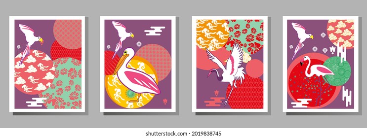 Сover  ewith pelican, parrot, flamingo and Patterns in a modern style, geometric shapes. Applicable for posters, brochures, posters, covers and banners.