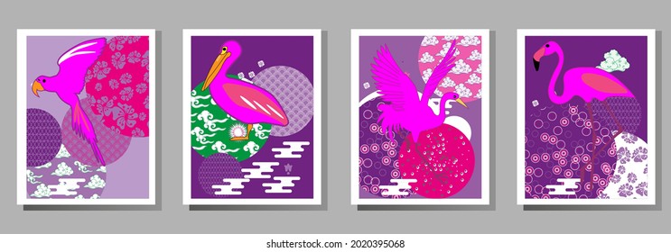 С mit Pelikan, Papagei, Flamingo und Mustern in einem modernen Stil, geometrischen Formen. Anwendbar für Poster, Broschüren, Poster, Cover und Banner.