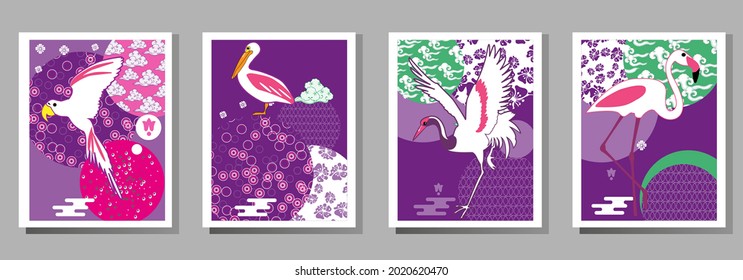Сover  ewith pelican, parrot, flamingo and Patterns in a modern style, geometric shapes. Applicable for posters, brochures, posters, covers and banners.