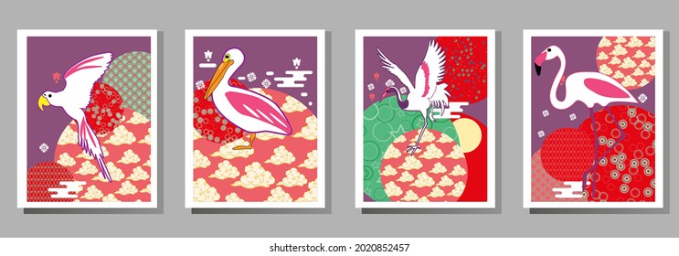 Сover  ewith pelican, parrot, flamingo and Patterns in a modern style, geometric shapes. Applicable for posters, brochures, posters, covers and banners.