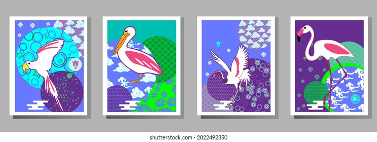 С con pelícano, loro, flamingo y patrones en un estilo moderno, geométrico. Aplicable a carteles, folletos, carteles, portadas y pancartas.