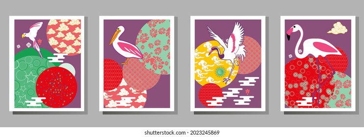 Сover  ewith pelican, parrot, flamingo and Patterns in a modern style, geometric shapes. Applicable for posters, brochures, posters, covers and banners.