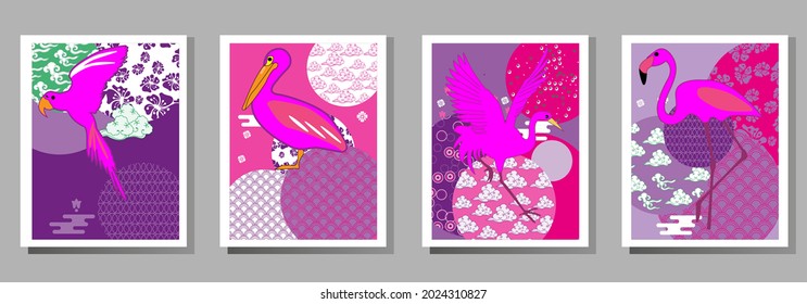 Сover  ewith pelican, parrot, flamingo and Patterns in a modern style, geometric shapes. Applicable for posters, brochures, posters, covers and banners.