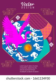 Сover  ewith Stork and Patterns in a modern style, geometric shapes. Applicable for posters, brochures, posters, covers and banners.