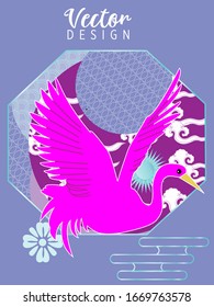 Сover  ewith Stork and Patterns in a modern style, geometric shapes. Applicable for posters, brochures, posters, covers and banners.
