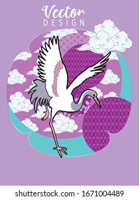 Сover  ewith Stork and Patterns in a modern style, geometric shapes. Applicable for posters, brochures, posters, covers and banners.