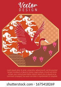 Сover  ewith Stork and Patterns in a modern style, geometric shapes. Applicable for posters, brochures, posters, covers and banners.