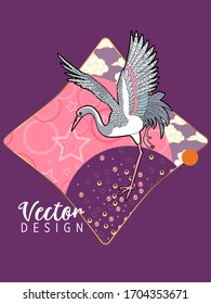 Сover  ewith Stork and Patterns in a modern style, geometric shapes. Applicable for posters, brochures, posters, covers and banners.