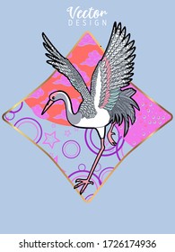 Сover  ewith Stork and Patterns in a modern style, geometric shapes. Applicable for posters, brochures, posters, covers and banners.