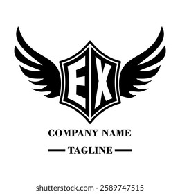 EX A bold winged shield emblem with customizable initials A-Z. Sleek black-and-white vector, perfect for branding, sports teams, motorcycle clubs, gaming,apparel and High-quality
