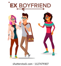 Ex Boyfriend Vector. Couple. Shocked Woman. Breaking Up. Lifestyle Problem. Ex-lover. Frustrated. Isolated Flat Cartoon Illustration
