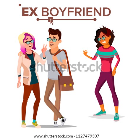 Ex Boyfriend Vector. Couple. Shocked Woman. Breaking Up. Lifestyle Problem. Ex-lover. Frustrated. Isolated Flat Cartoon Illustration
