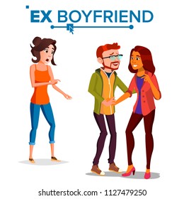 Ex Boyfriend Vector. Young Couple. Past Relationship Concept. Unhappy Woman. Divorce. Jealousy, Love Triangle. Isolated Flat Cartoon Illustration
