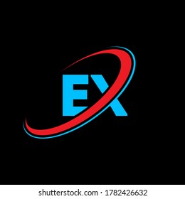 EX E X letter logo design. Initial letter EX linked circle uppercase monogram logo red and blue. EX logo, E X design. ex, e x