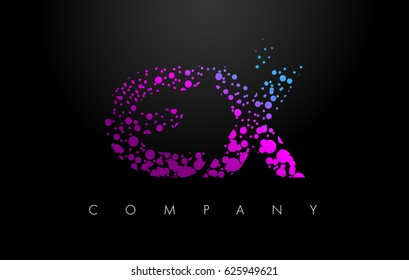 EX E X Letter Logo with Purple Blue Particles and Bubble Dots Design Vector.