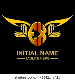 EX Golden Wing Emblem Logo with elegant gold wings, sleek and modern design. Ideal for branding, creative projects, luxury businesses, or artistic ventures.