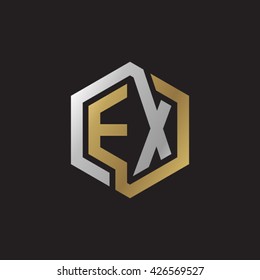 EX initial letters looping linked hexagon elegant logo golden silver black background