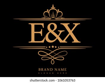 E&X Initial logo, Ampersand initial logo gold with crown and classic pattern