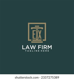 Logotipo de monograma inicial EX para la firma de abogados con diseño de hitos en cuadrado creativo