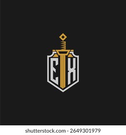 Monograma inicial EX para imagem em estilo escudo e espada