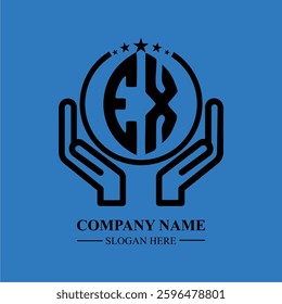 EX initials held within hands, symbolizing trust and protection. The circle represents unity, while stars highlight excellence and ambition.