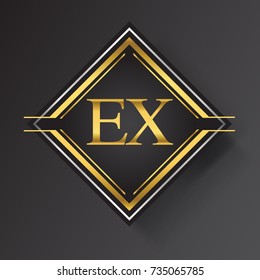 EX Letter logo in a square shape gold and silver colored geometric ornaments. Vector design template elements for your business or company identity.