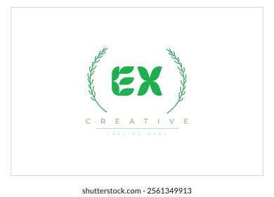 EX letters eco logo with leaf. Fresh nature and healthy leaf logo design.