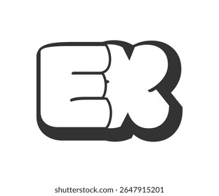 EX logo, bubble comic lettering, rounded in graffiti style black and white silhouette. Trendy preschool E and X letter text for festival party, personal initials, children funky print and web. 