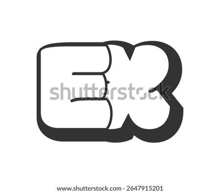 EX logo, bubble comic lettering, rounded in graffiti style black and white silhouette. Trendy preschool E and X letter text for festival party, personal initials, children funky print and web. 
