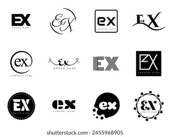 EX logo company template. Letter e and x logotype. Set different classic serif lettering and modern bold text with design elements. Initial font typography. Collection trendy business identity.