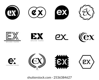 EX logo company template. Letter e and x logotype. Set different classic serif lettering and modern bold text with design elements. Initial font typography. Collection trendy business identity.