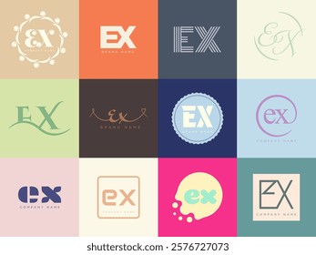 EX logo company template. Letter e and x logotype. Set different classic serif lettering and modern bold text with design elements. Initial font typography. Collection trendy business identity.