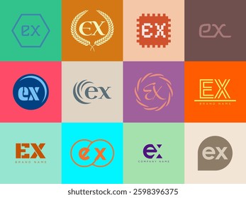 EX logo company template. Letter e and x logotype. Set different classic serif lettering and modern bold text with design elements. Initial font typography. Collection trendy business identity.