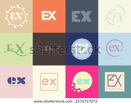 EX logo company template. Letter e and x logotype. Set different classic serif lettering and modern bold text with design elements. Initial font typography. Collection trendy business identity.