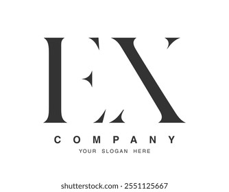 Design do logotipo EX. Estilo de fonte das letras iniciais e e x serif. Tipografia clássica do nome da empresa. Logotipo ou identidade da moda. Ilustração vetorial.