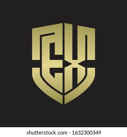 EX Logo monogram with emblem shield shape design isolated gold colors on black background