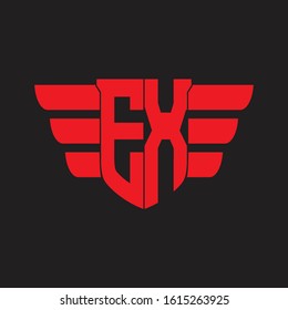 EX Logo monogram with emblem and wings element design template on red colors