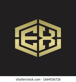 EX Logo monogram with hexagon shape and piece line rounded design tamplate on gold colors