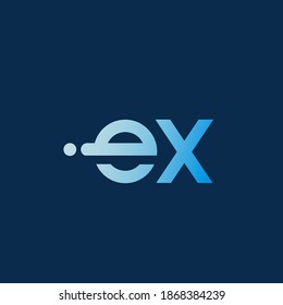 EX monogram logo.Abstract geometric typographic icon.Blue neon color letter e and letter x.Lettering sign isolated on dark fund.Alphabet initials.Modern,corporate,web,tech,line character shapes.